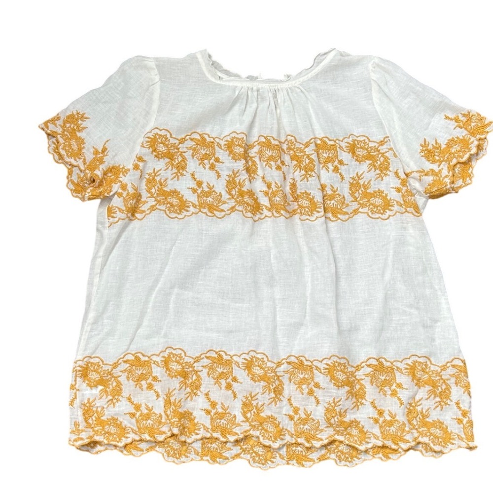 White Linen Blend Embroidered Floral Scallop Hem Peasant Blouse Mustard Yellow